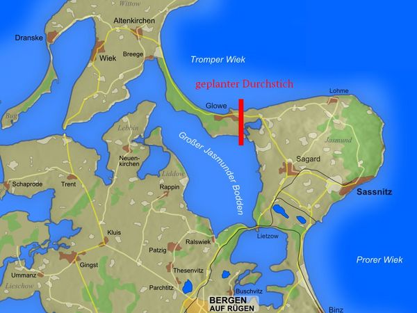Das bild zeigt eine Karte mit einem Ausstsich auf Rügen mit einer rot markierten Stelle und die dazugehörige Aufschrift: "geplanter Durchstich"