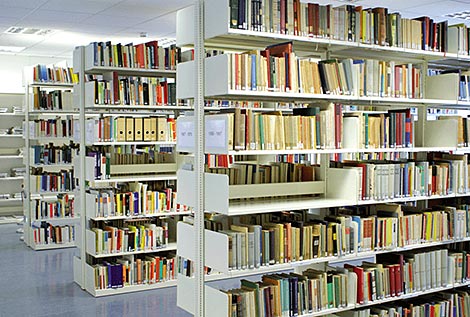 Shelves of the library. The library of the Stasi Records Agency is open to the public.